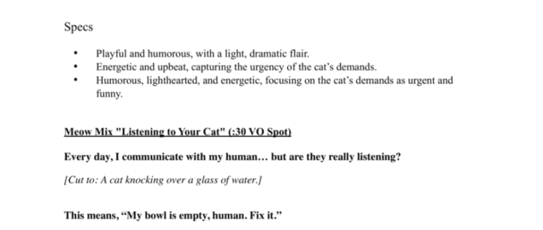 A meow mix script for a voiceover challenge