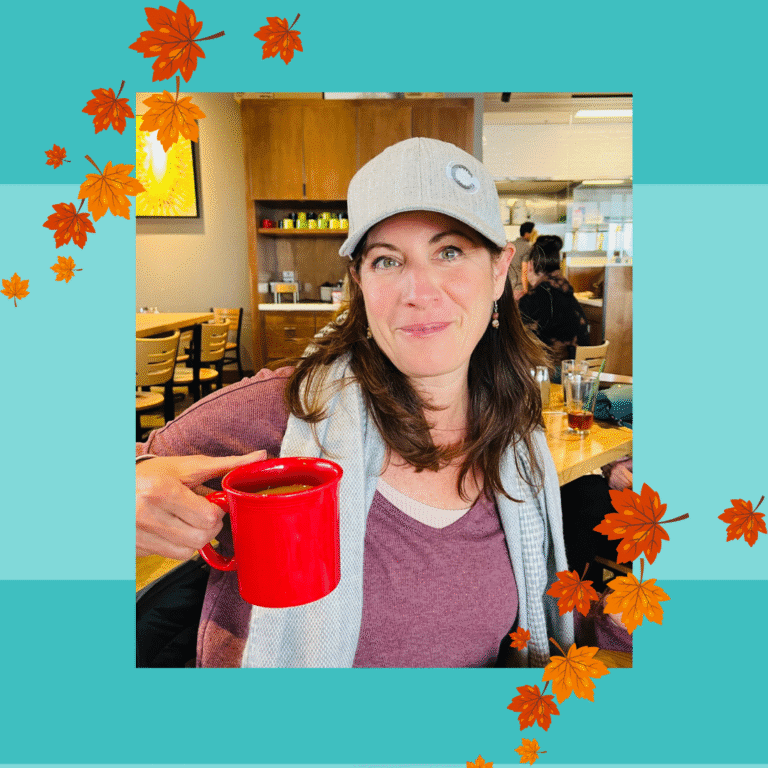 Expert voice actor & coach Rachel Alena holding a mug for fall.