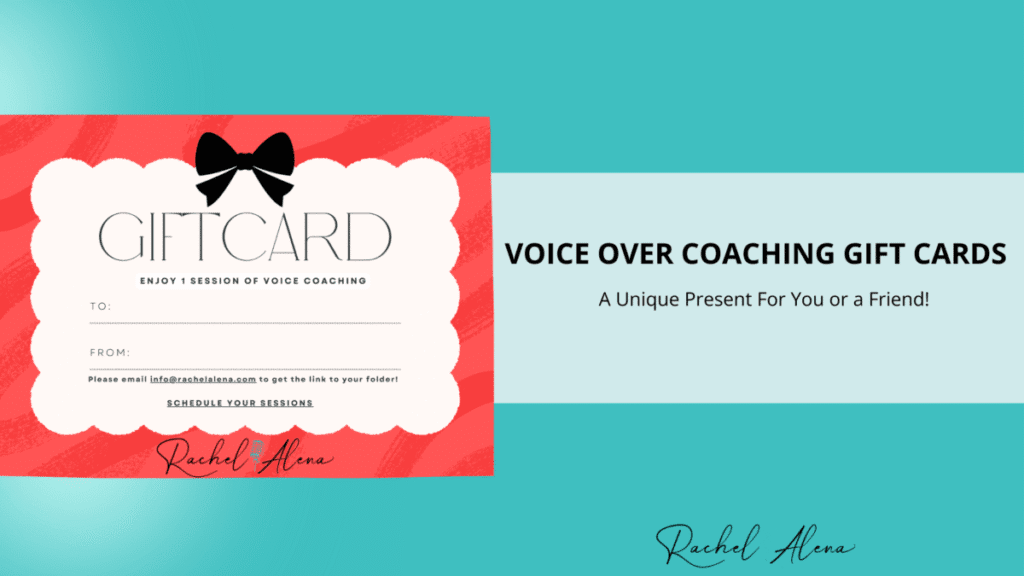Rachel Alena Voice Over Coaching Gift Card with red scalloped design, black bow, and form fields to fill in recipient and sender names. Text includes 'Enjoy 1 session of voice coaching' and Rachel's contact info.