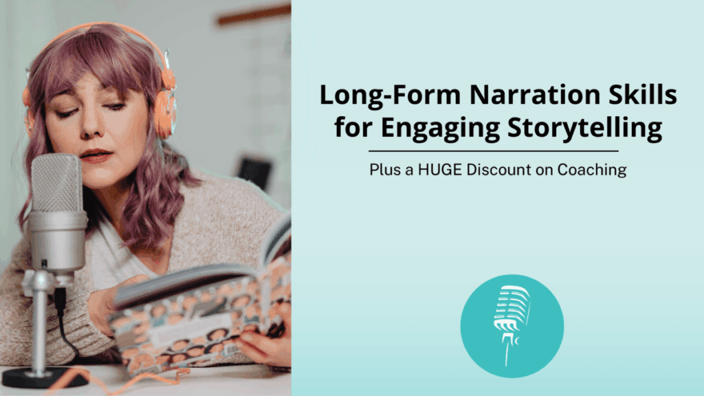 Voice actor reading from a book into a microphone with text promoting long-form narration skills.