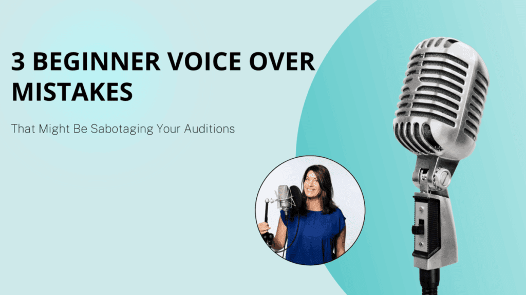 Voice over coach smiling at a studio microphone beside a large vintage microphone graphic on a teal background.