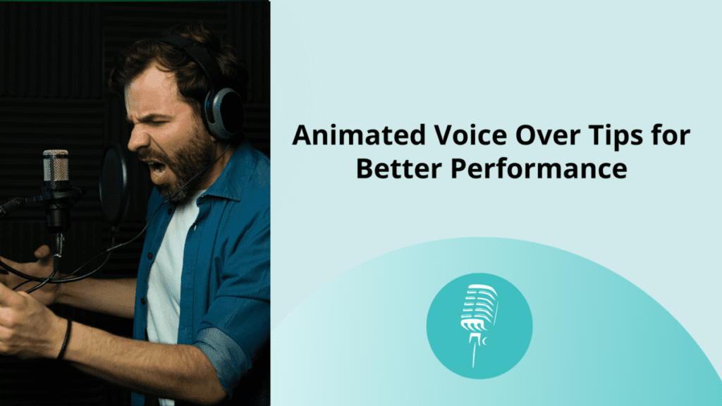 Voice actor performing animated voice over in a recording studio