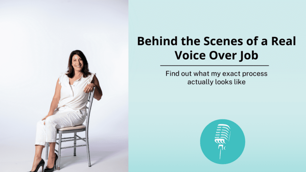Voice actor seated on a chair beside text reading ‘Behind the Scenes of a Real Voice Over Job.’