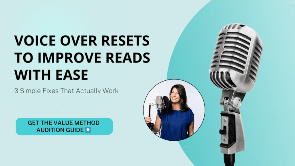 Voice over graphic with microphone and coach, featuring text “Voice over resets to improve reads with ease” and a call-to-action for the Value Method Audition Guide.