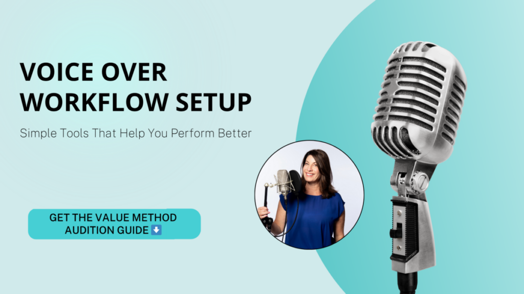 Voice over workflow setup banner with a microphone, voice actor, and call to action to get the VALUE Method audition guide.