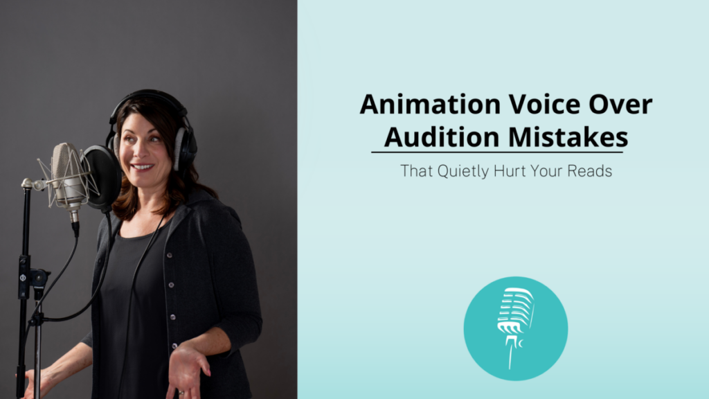 Voice over coach recording at a microphone beside the title “Animation Voice Over Audition Mistakes That Quietly Hurt Your Reads.