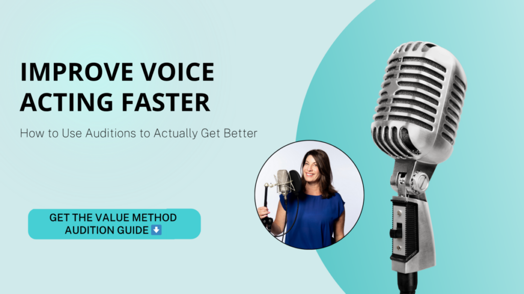 Banner featuring a vintage microphone, voice over coach photo, and text that reads “Improve Voice Acting Faster.”
