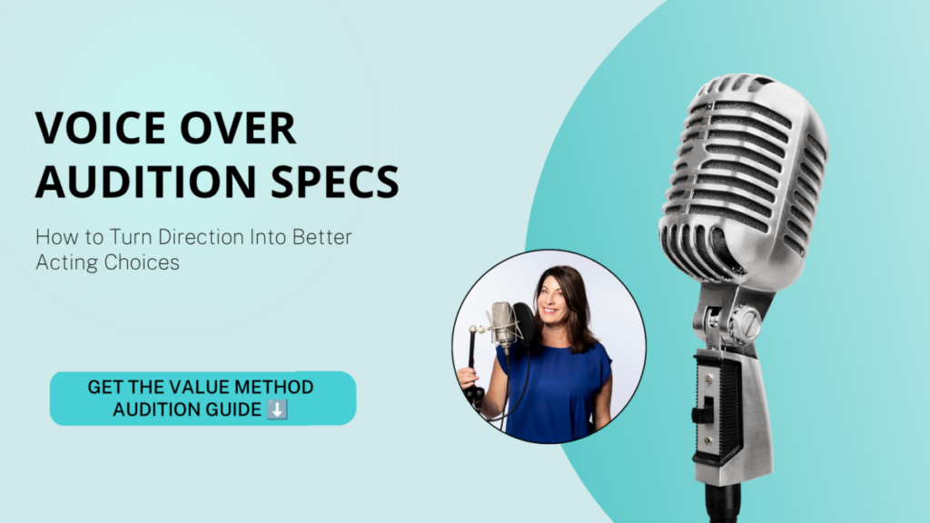 Voice over audition specs banner featuring a studio microphone, voice actor, and text reading “How to Turn Direction Into Better Acting Choices.”
